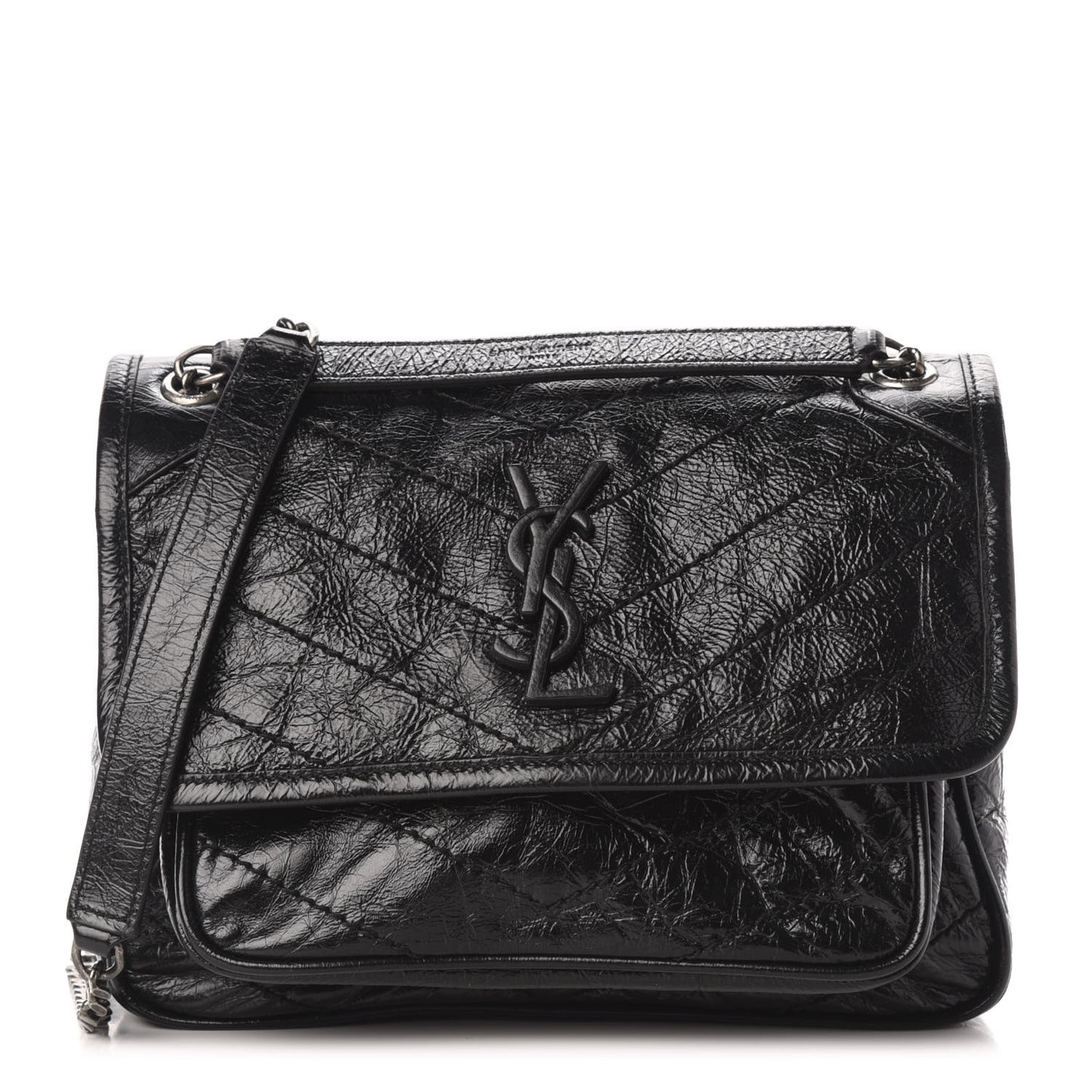 Crinkled Calfskin Matelasse Monogram Baby Niki Chain Satchel Black