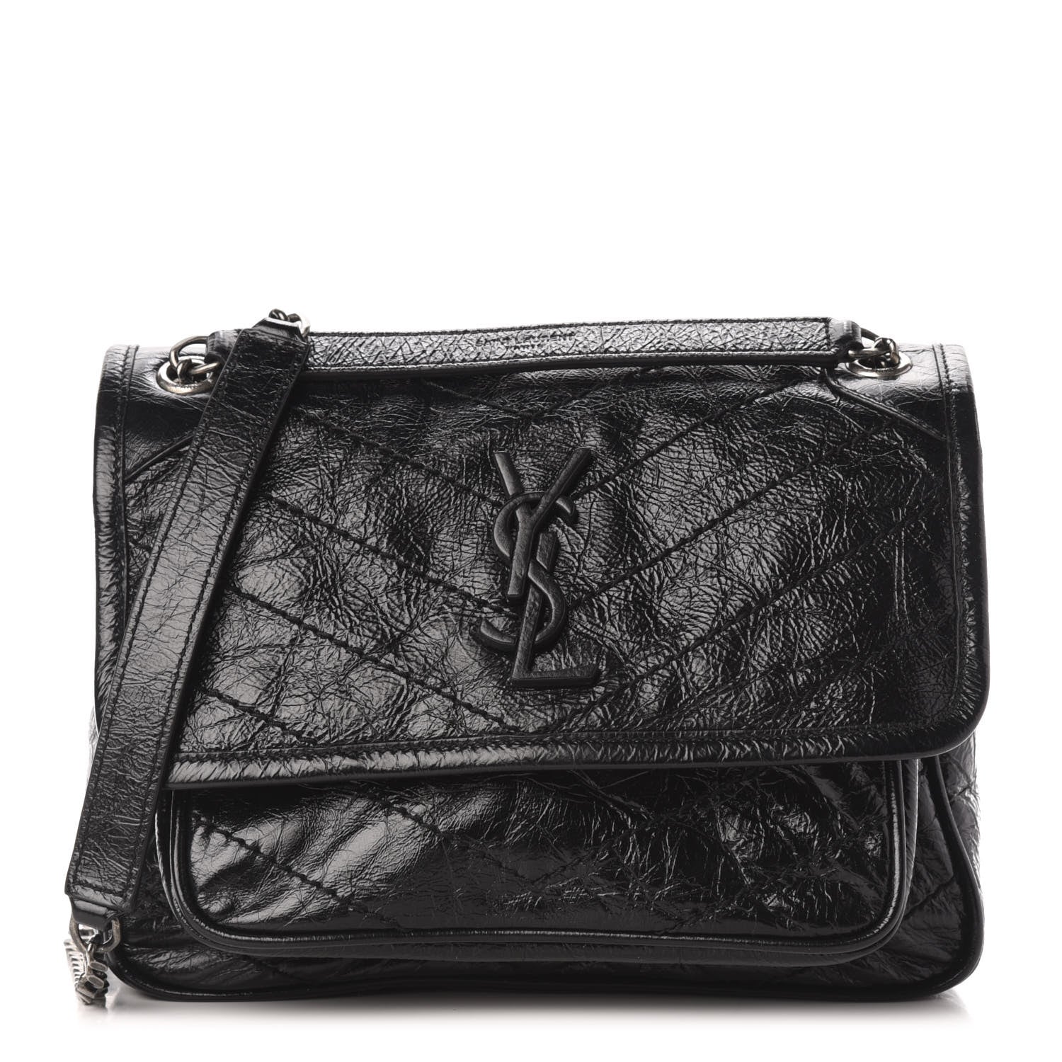 Saint Laurent Crinkled Calfskin Matelasse Monogram Baby Niki Chain Satchel Black 1 of 10