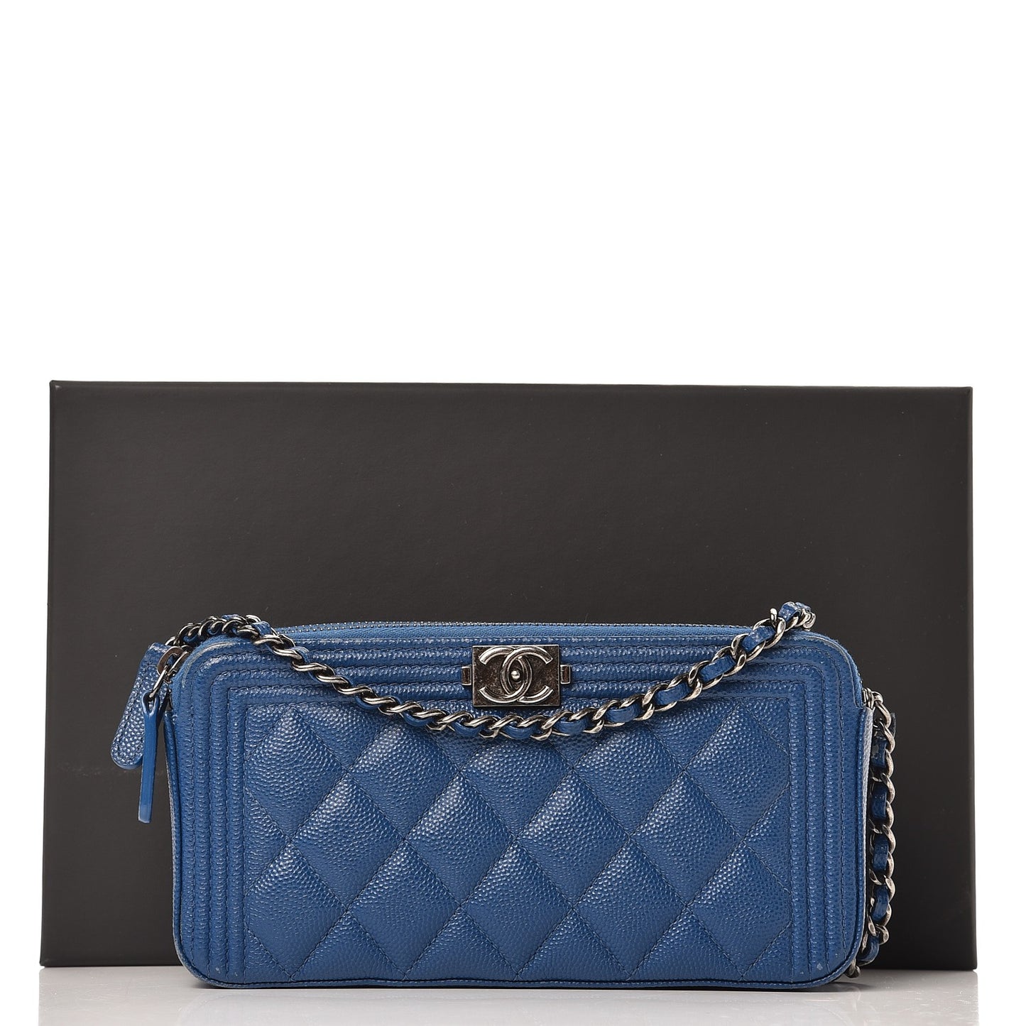 Caviar Quilted Small Boy Clutch With Chain Blue