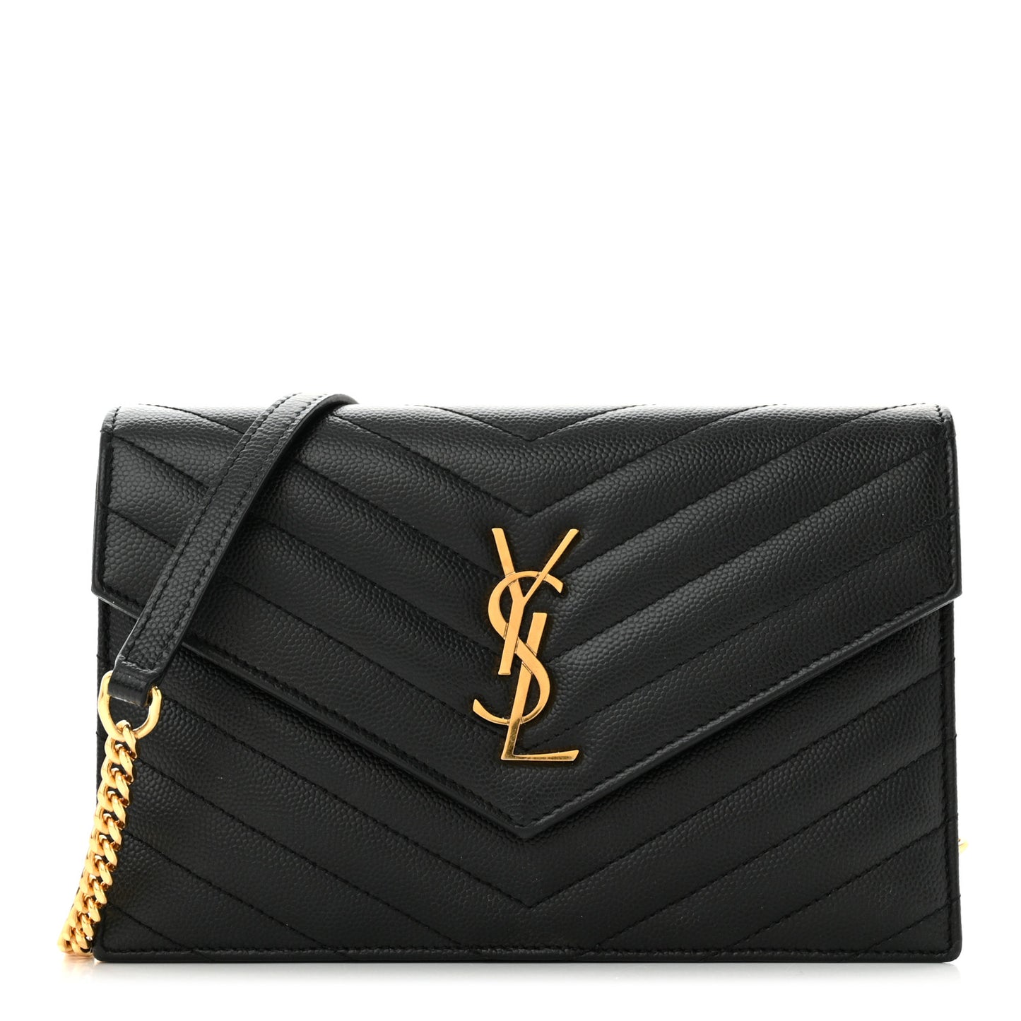 Grain De Poudre Matelasse Chevron Monogram Envelope Chain Wallet Black