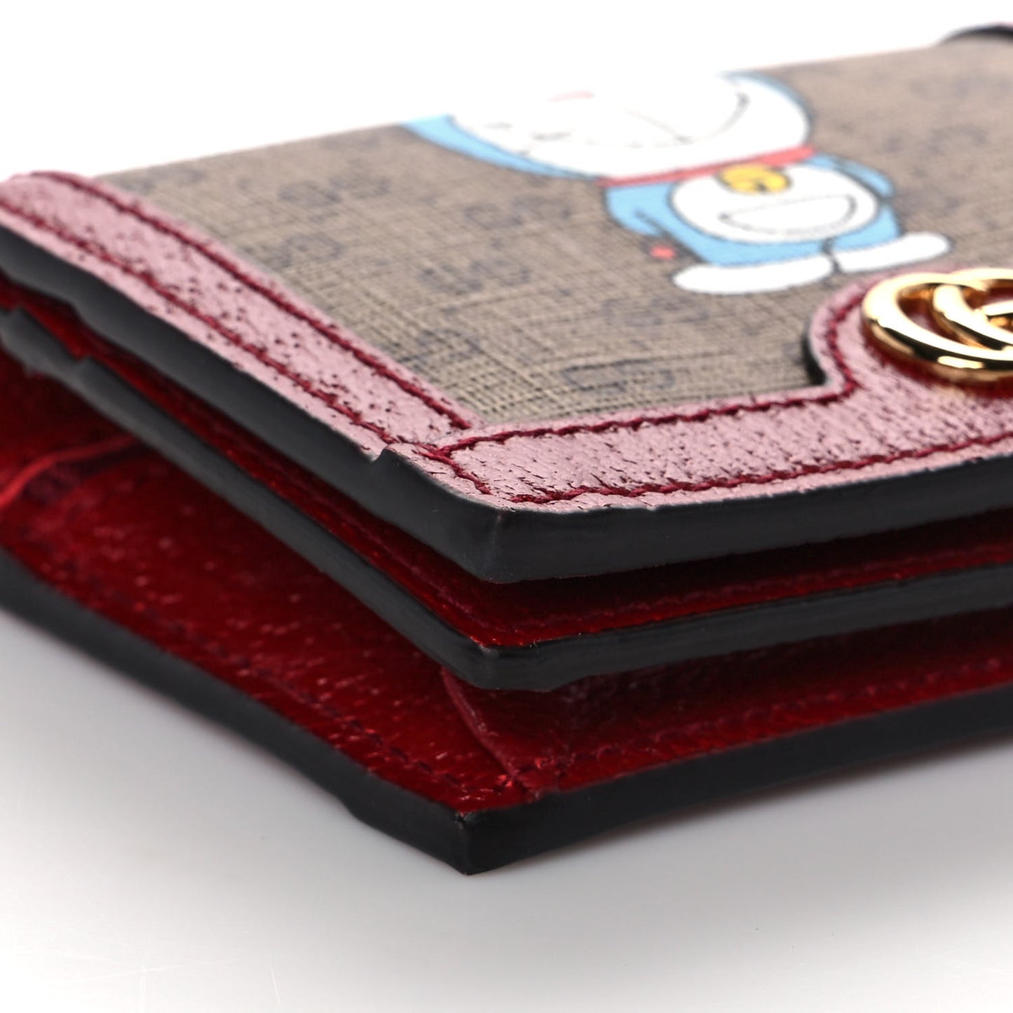 X DORAEMON Mini Vintage GG Supreme Monogram Card Case Wallet Beige Cherry Red