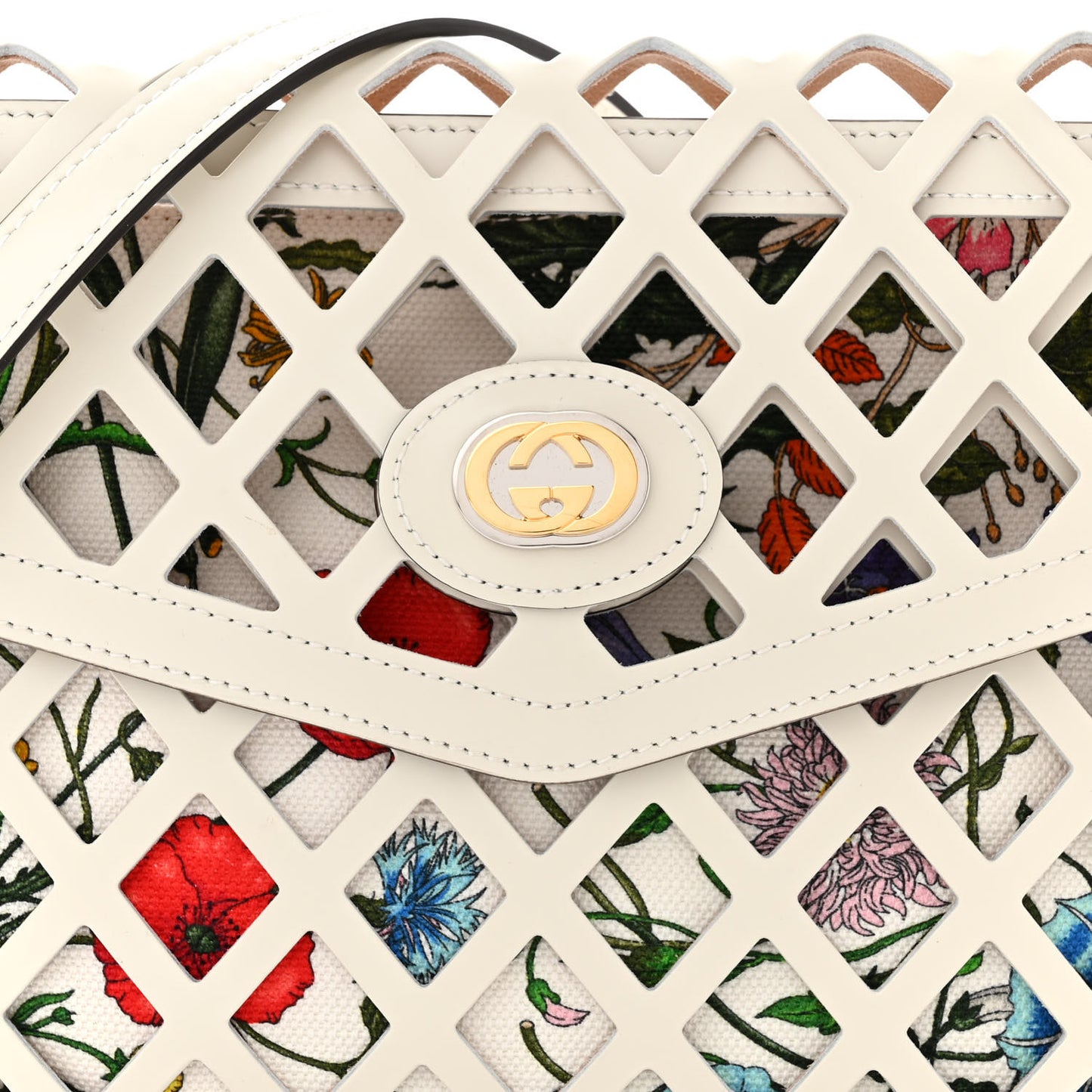 Canvas Flora Floral Calfskin Medium Cutout Shoulder Bag White Multicolor