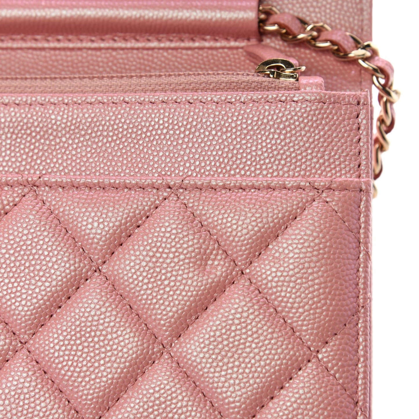 Iridescent Caviar Quilted Wallet on Chain WOC Rose Pink