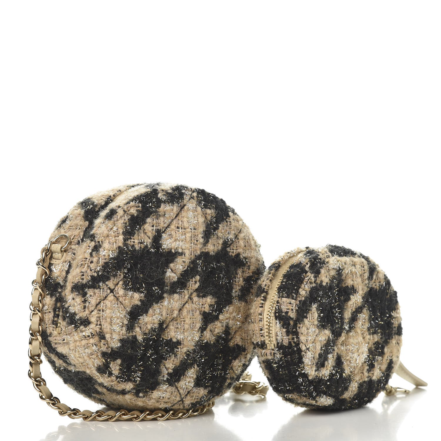 Chanel Tweed Shearling Round Clutch With Chain and Coin Purse Beige Black 3 of 12