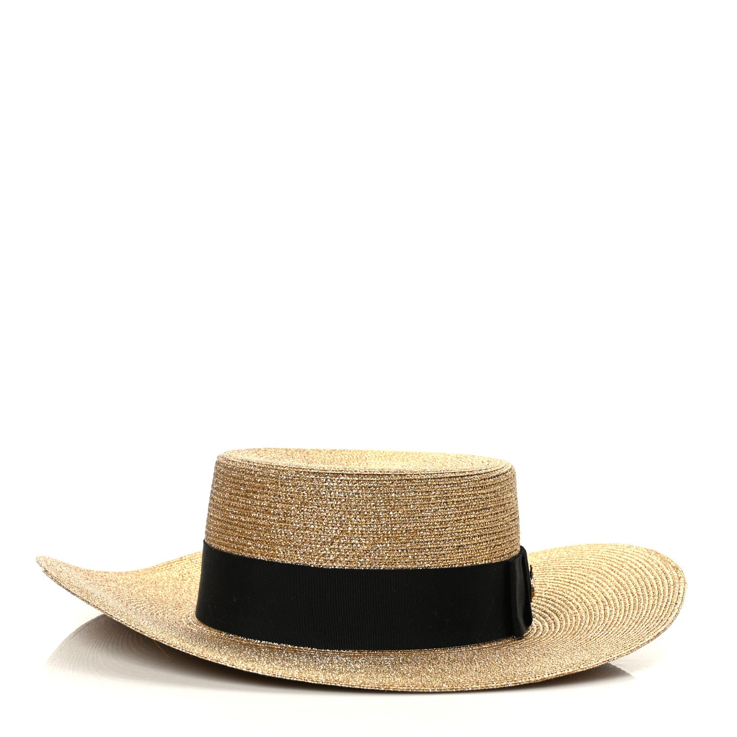 Gucci Glittered Straw Grosgrain Wide Brim Hat XL Gold Black 5 of 8