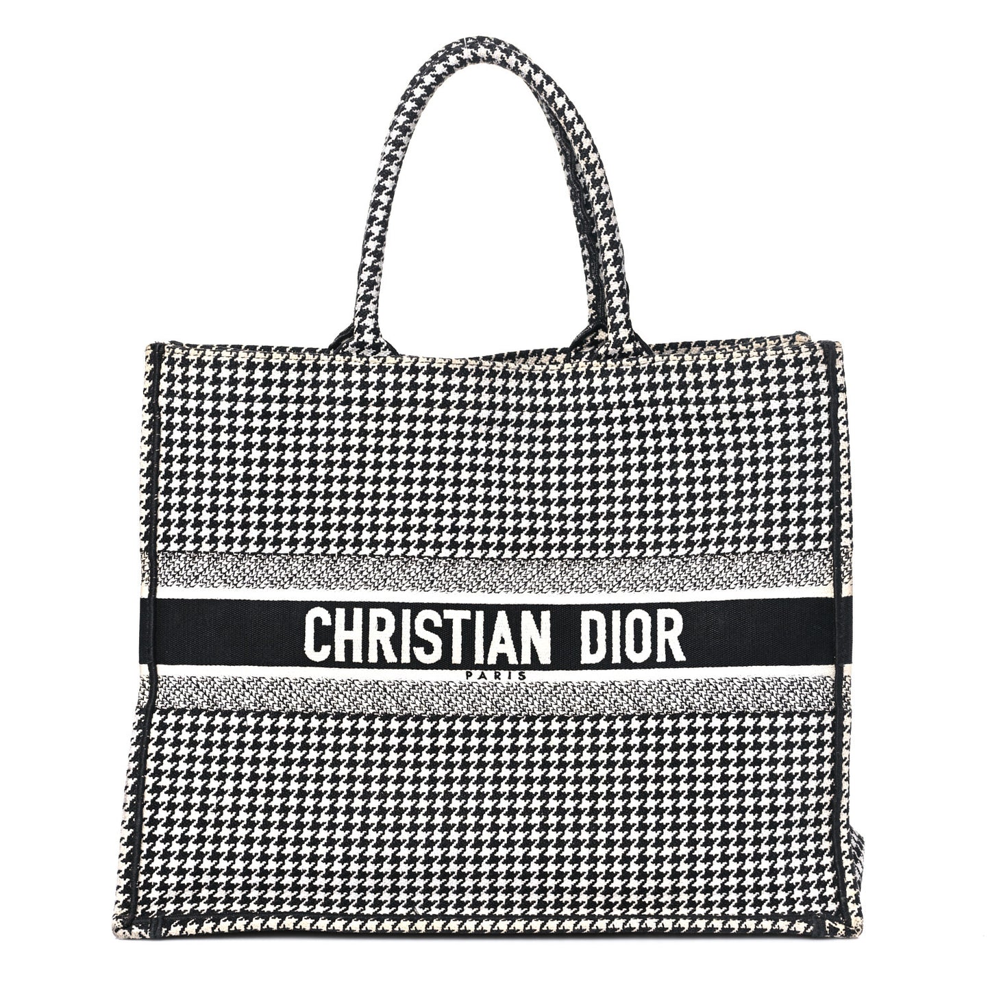 Canvas Houndstooth Embroidered Large Book Tote Black White