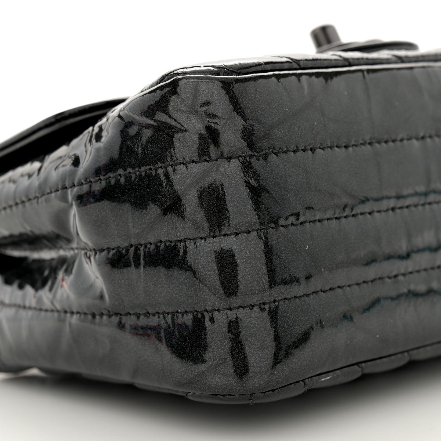 Metallic Patent Crumpled Calfskin Chevron Quilted Mini Square Flap Black