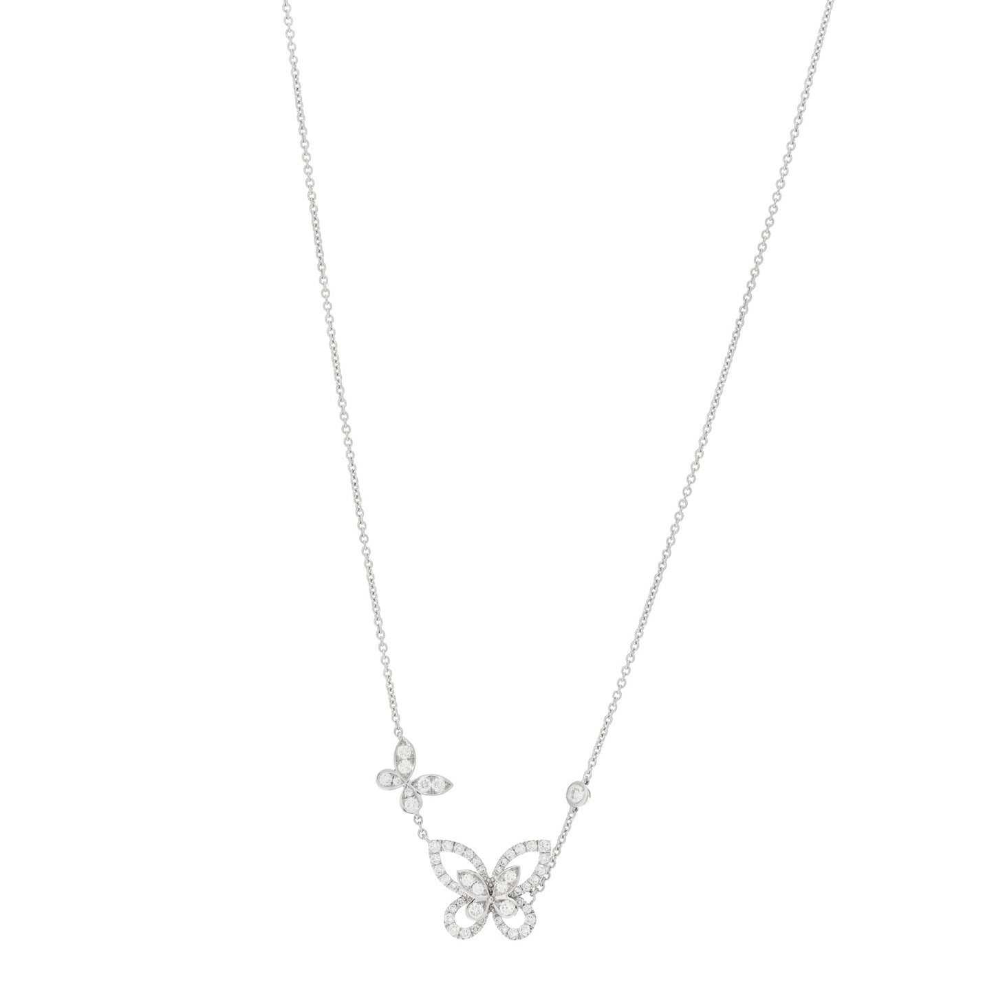 18K White Gold Diamond Double Butterfly Silhouette Pendant Necklace