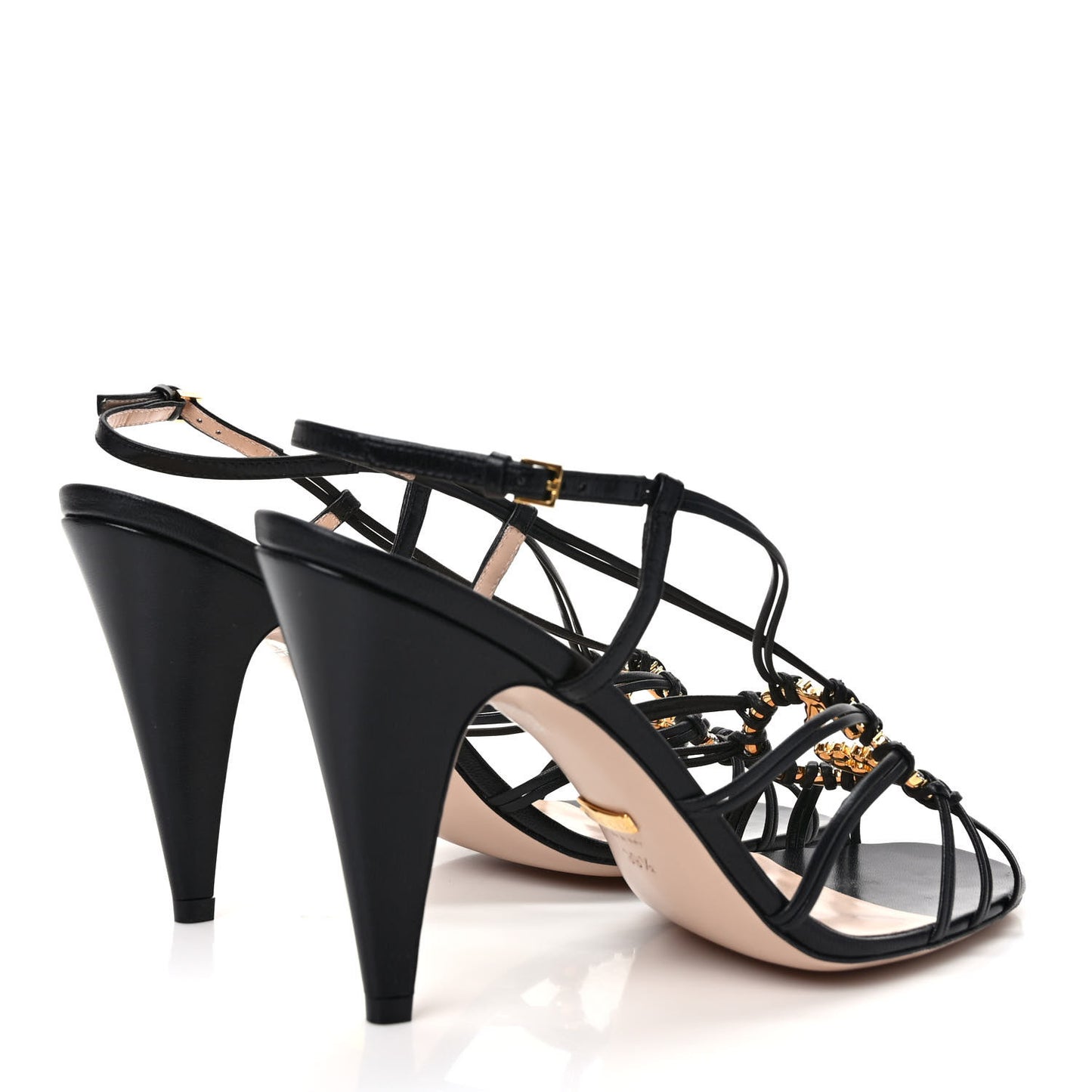 Calfskin Crystal GG Isa Ankle Strap Mid Heel Sandals 39.5 Black