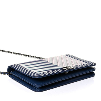 Chanel Calfskin Painted Chevron Embossed Boy Wallet On Chain WOC Navy 3 of 7