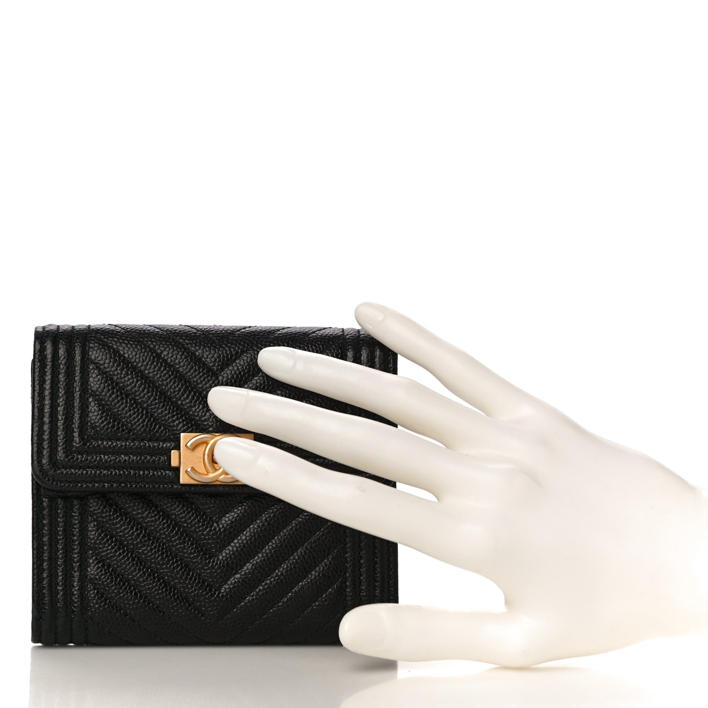 Caviar Chevron Quilted Boy Compact Wallet Black