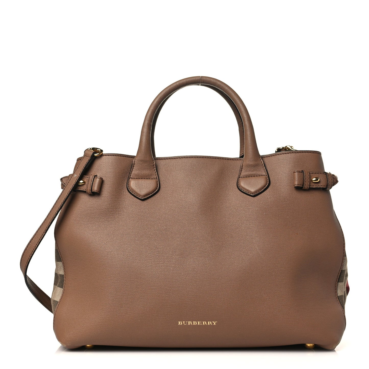 Grainy Calfskin House Check Medium Banner Tote Dark Sand