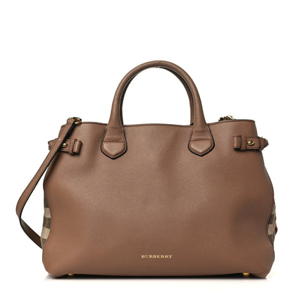 Burberry Grainy Calfskin House Check Medium Banner Tote Dark Sand 1 of 13