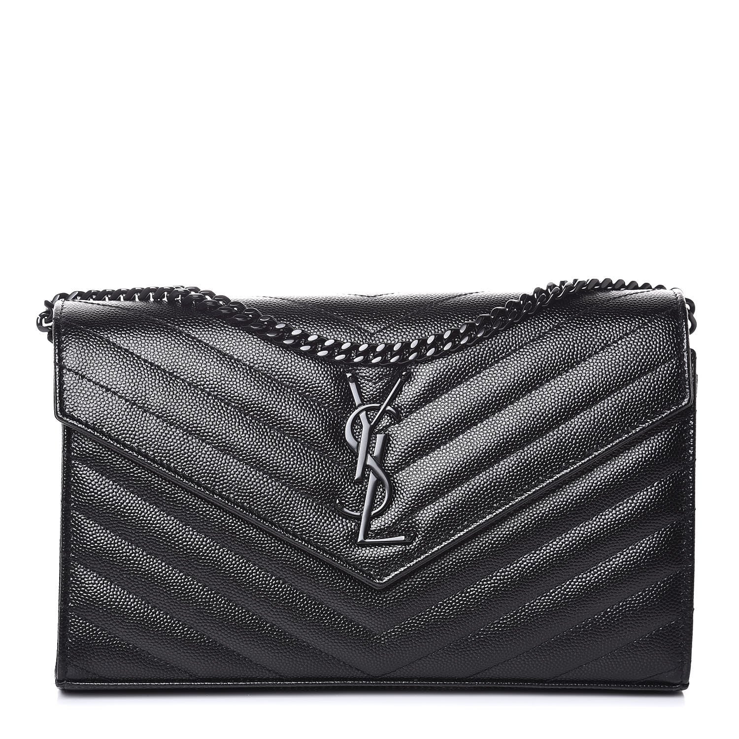 Saint Laurent Grain De Poudre Matelasse Chevron Monogram Chain Wallet Black 1 of 6