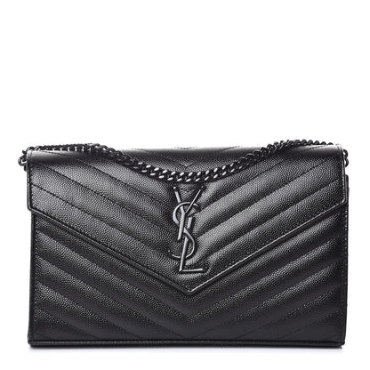 Saint Laurent Grain De Poudre Matelasse Chevron Monogram Chain Wallet Black 1 of 6