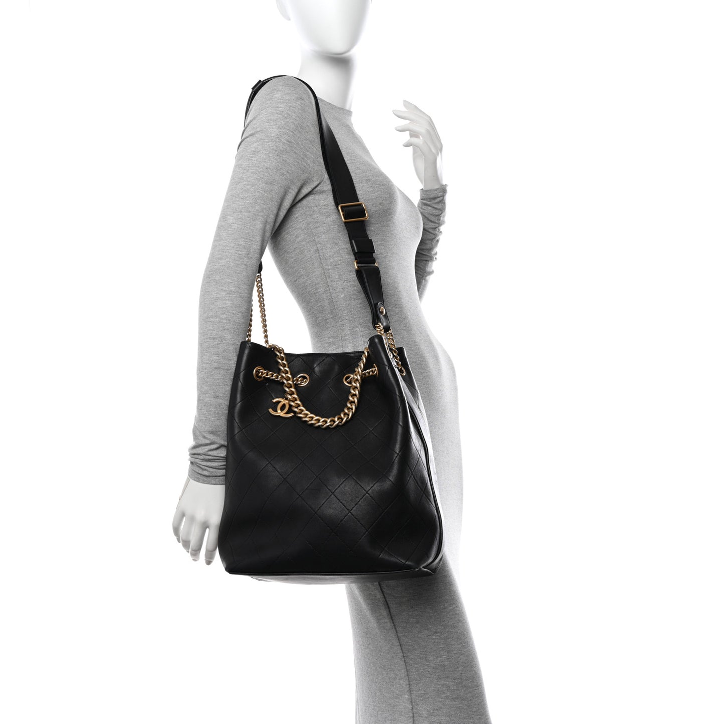 Calfskin Quilted Small On My Shoulder Drawstring Bag Black
