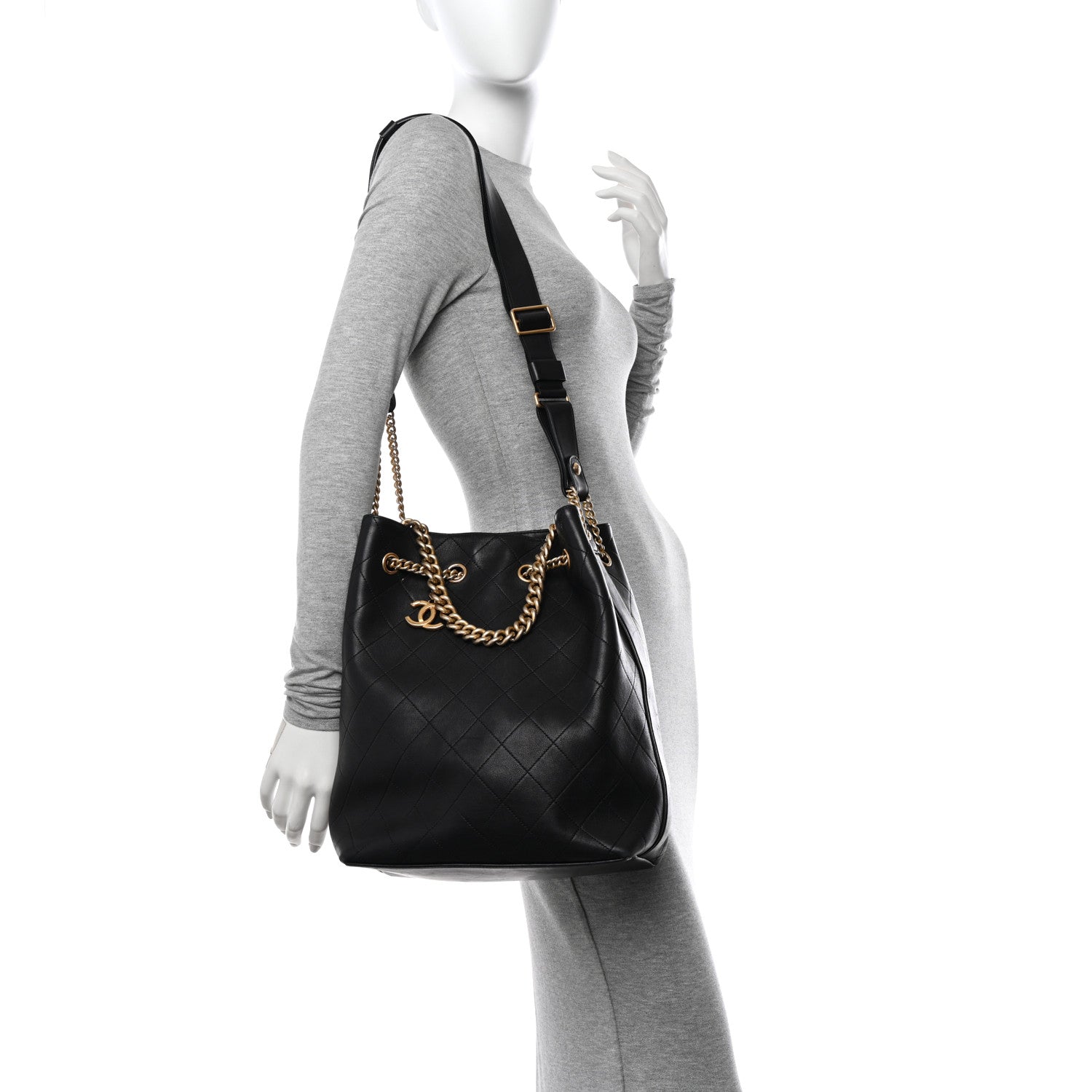Chanel Calfskin Quilted Small On My Shoulder Drawstring Bag Black 2 of 13