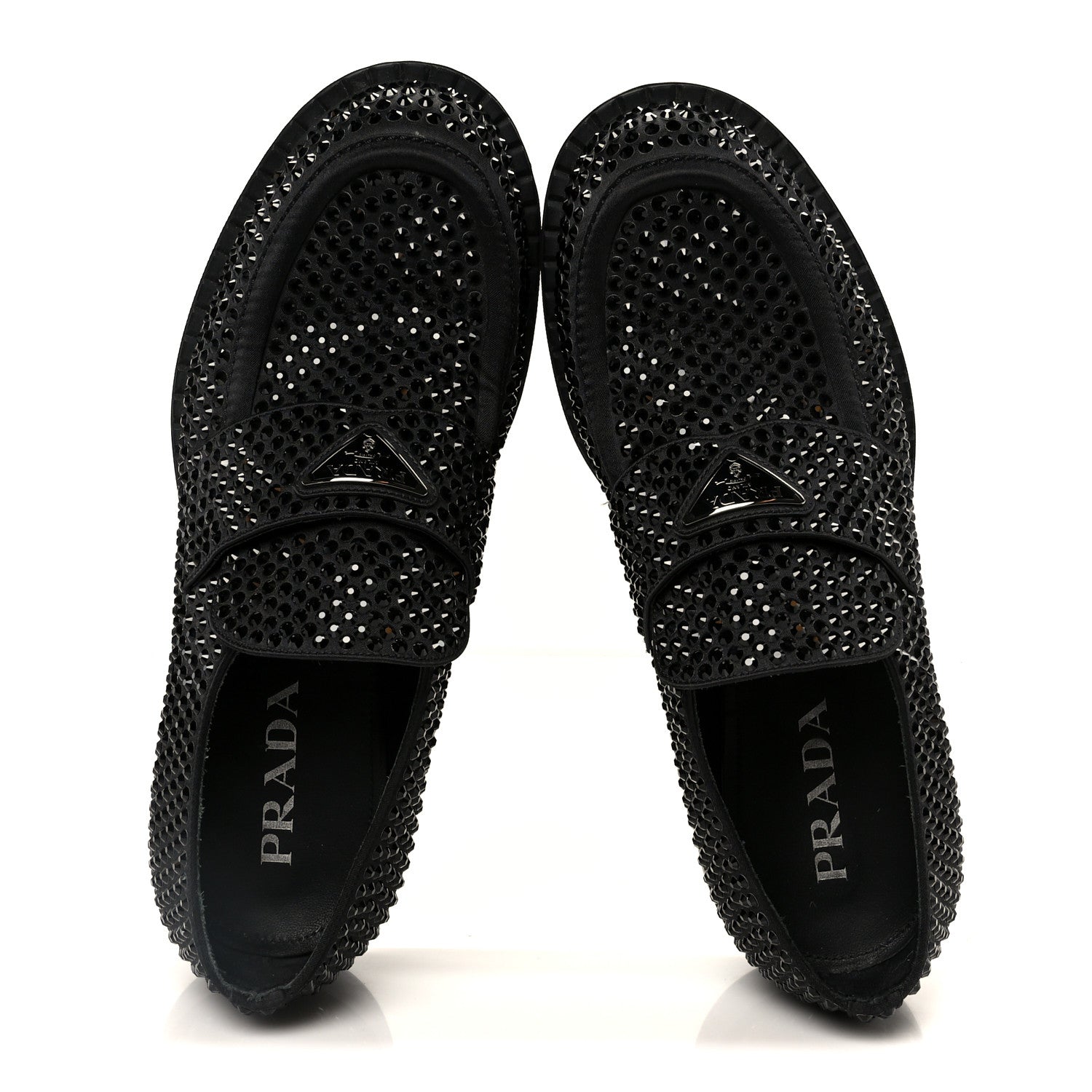 Prada Satin Crystal Metal Triangle Logo Mens Loafers  8.5 Black 2 of 12