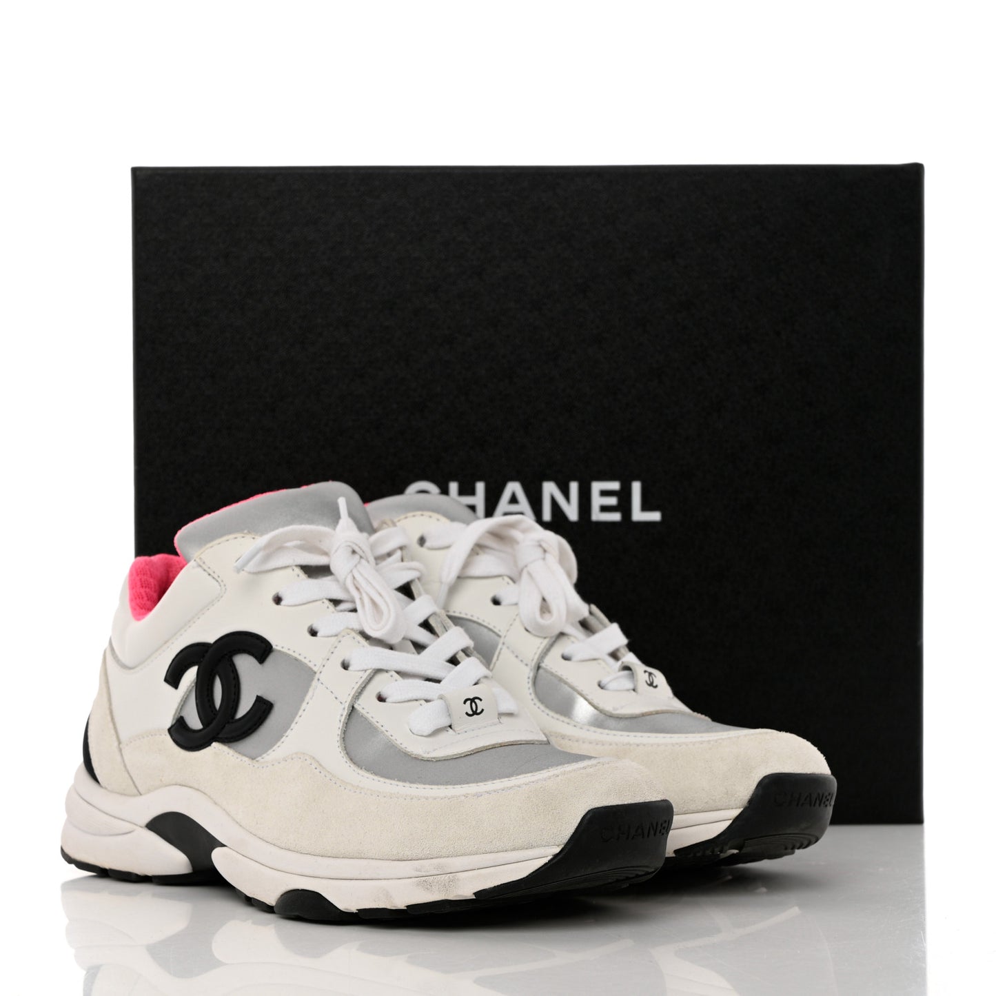 Calfskin Fabric Sneakers 37 White Silver Fluo Pink