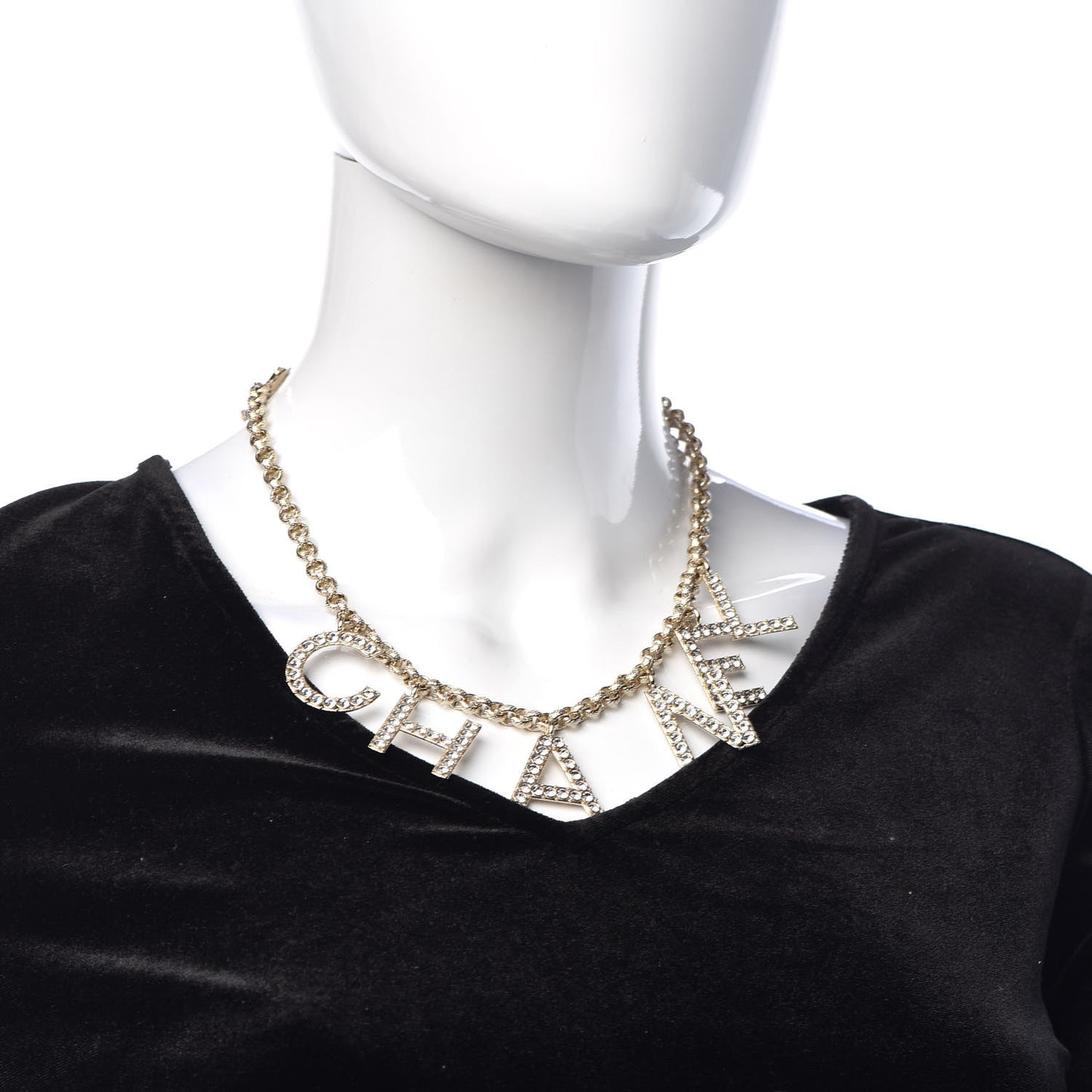 Metal Crystal Cha-Nel Logo Necklace Gold