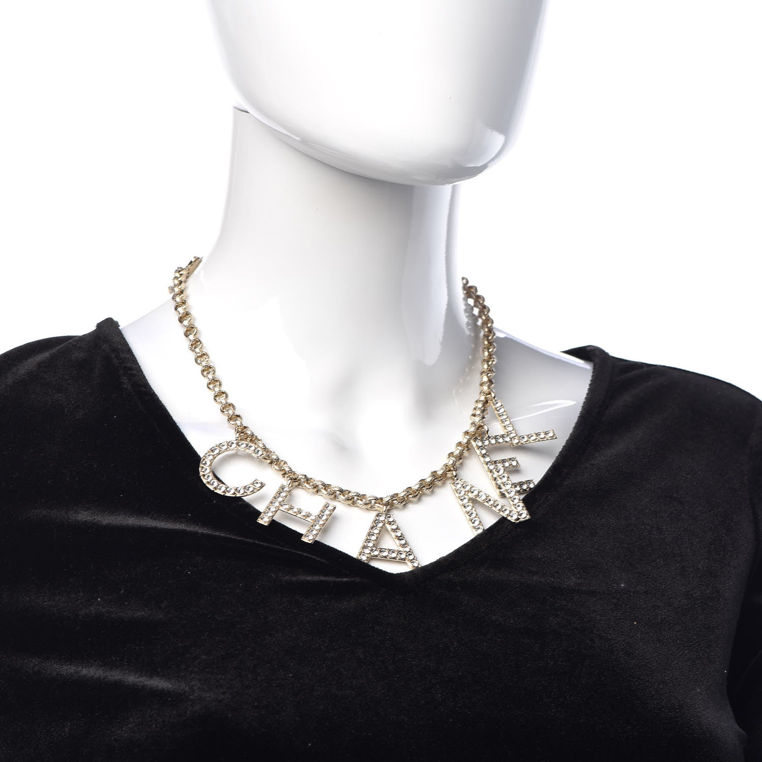Chanel Metal Crystal Cha-Nel Logo Necklace Gold 2 of 7
