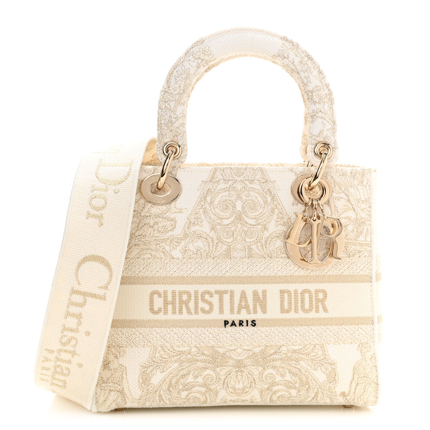 Christian Dior Canvas Around The World Stella Embroidered Medium Lady D-Lite White Gold 1 of 8