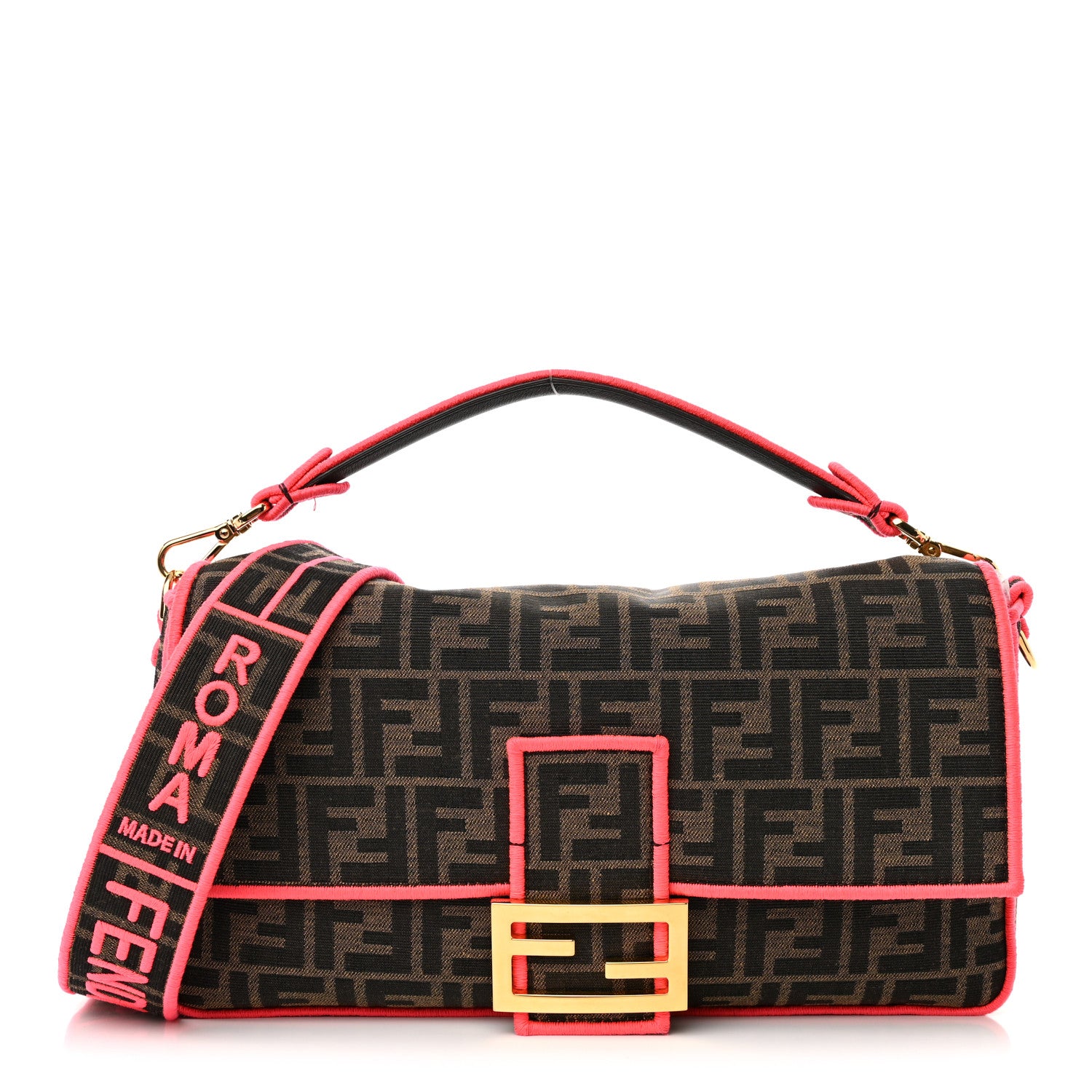 Fendi Fabric Jacquard FF 1974 Large Baguette Tobacco Moro Fuxia Fluo 1 of 11