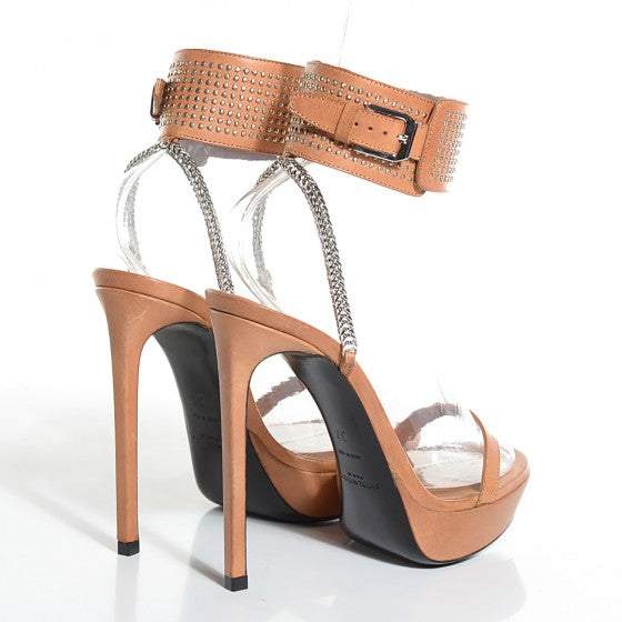 Calfskin Studded Christa Ankle Cuff Sandals 37 Beige