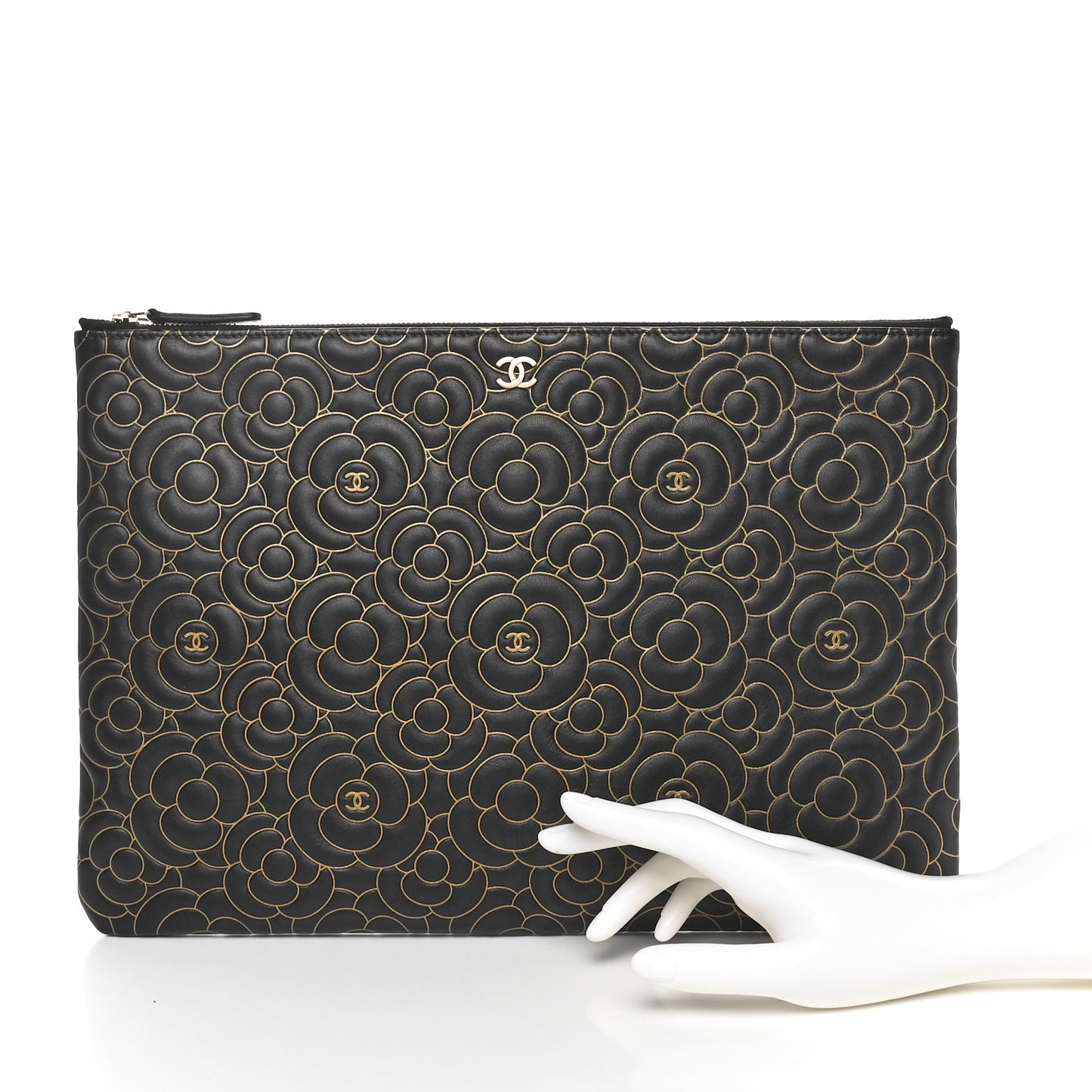Lambskin Camellia Embossed Large Cosmetic Case Black Gold