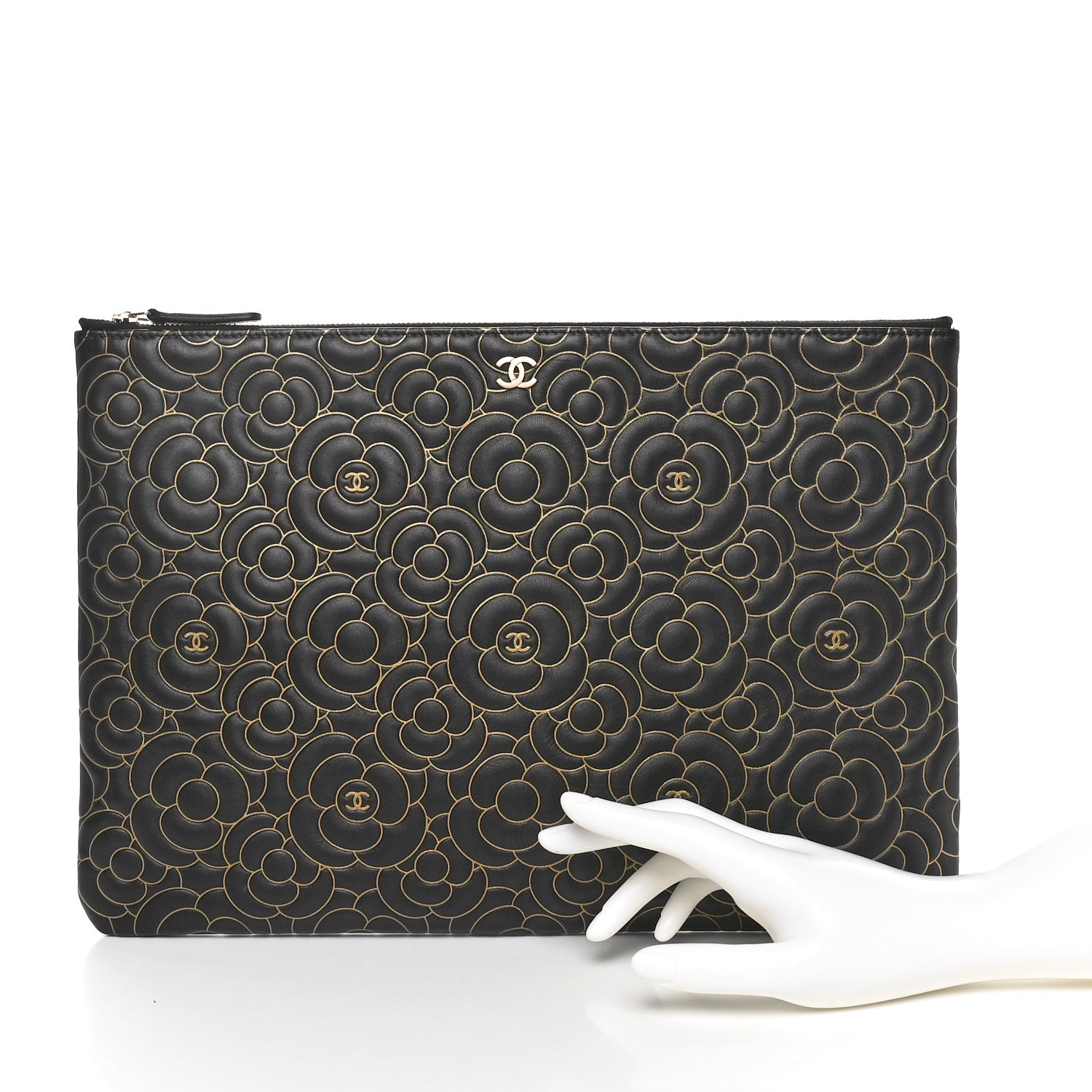 Chanel Lambskin Camellia Embossed Large Cosmetic Case Black Gold 2 of 7