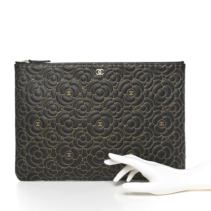 Chanel Lambskin Camellia Embossed Large Cosmetic Case Black Gold 2 of 7