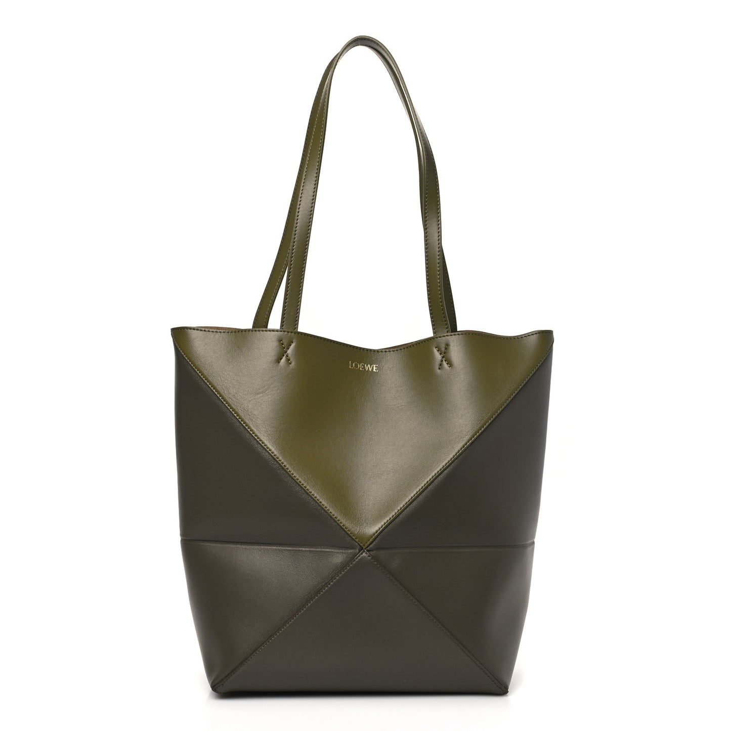 Shiny Calfskin Medium Puzzle Fold Tote Dark Khaki Green