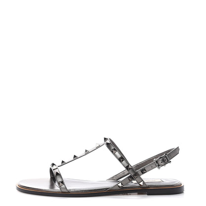 Valentino Garavani Metallic Nappa Rockstud T-Strap Slingback Flat Sandals 41.5 Rutenio 1 of 7