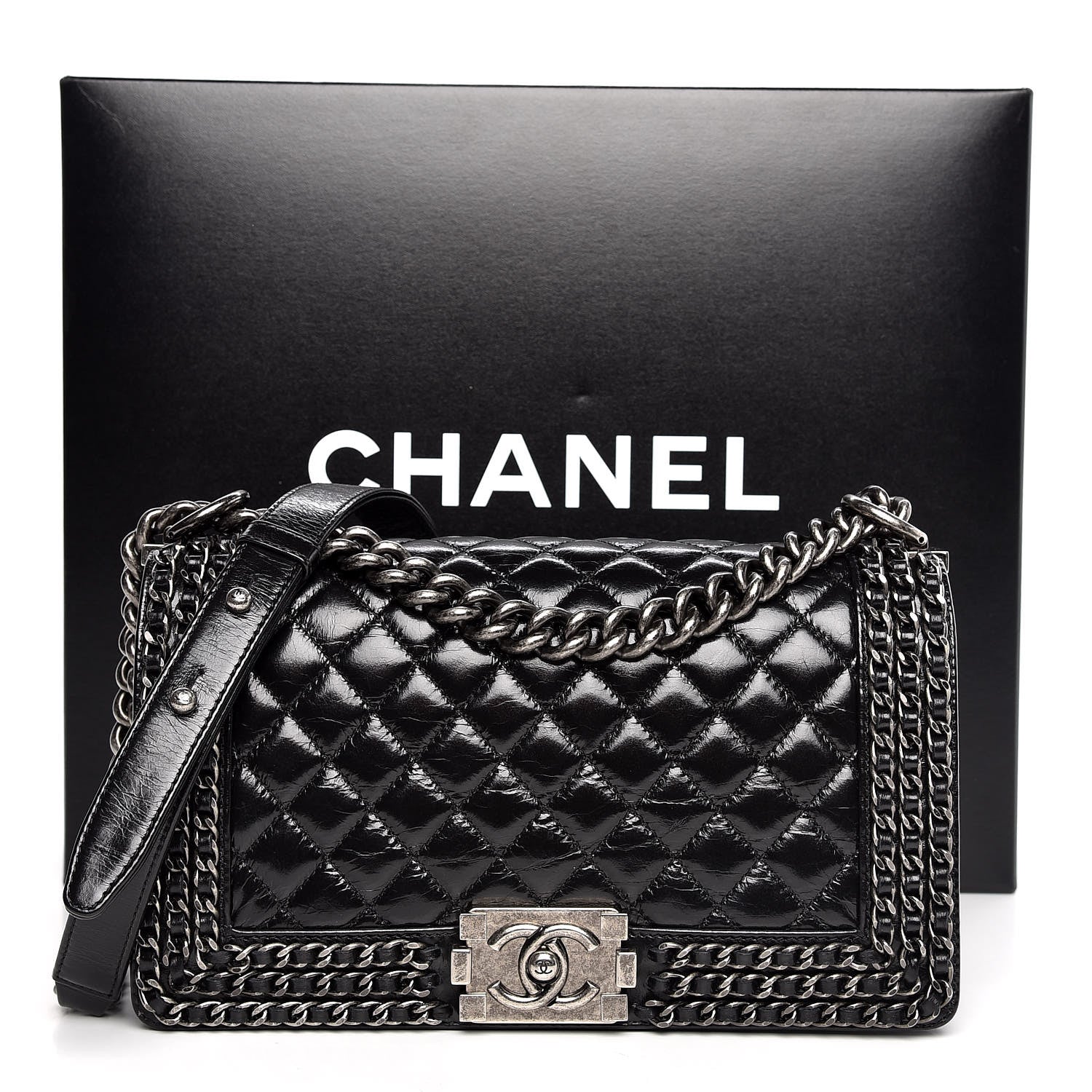 Chanel Glazed Calfskin Quilted Medium Boy Chained Flap Black 10 of 10