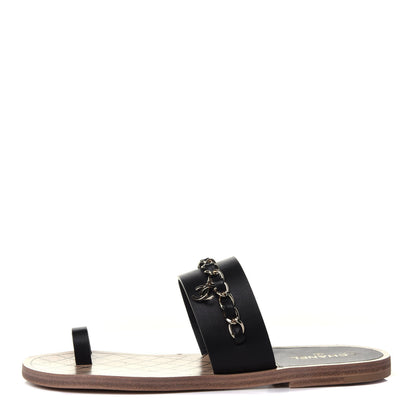 Chanel Calfskin Chain CC Logo Toe Ring Sandals 38.5 Black 1 of 12
