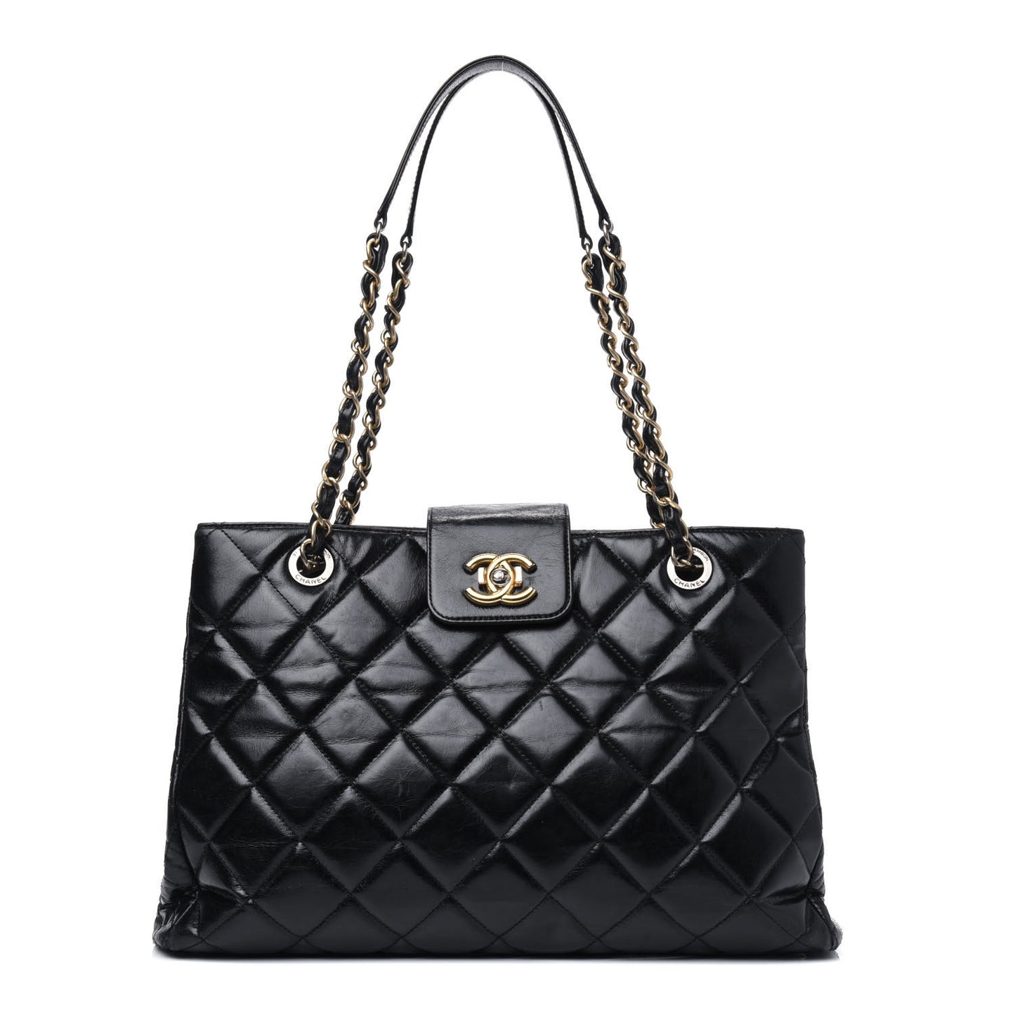 Glazed Calfskin Quilted Tote Black