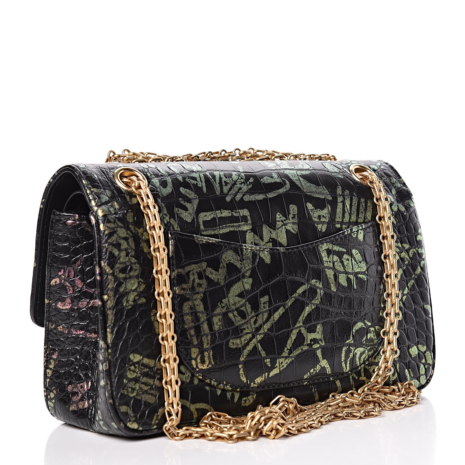 Chanel Calfskin Crocodile Embossed Graffiti 2.55 Cocodile Reissue 225 Flap Black Pink 3 of 13