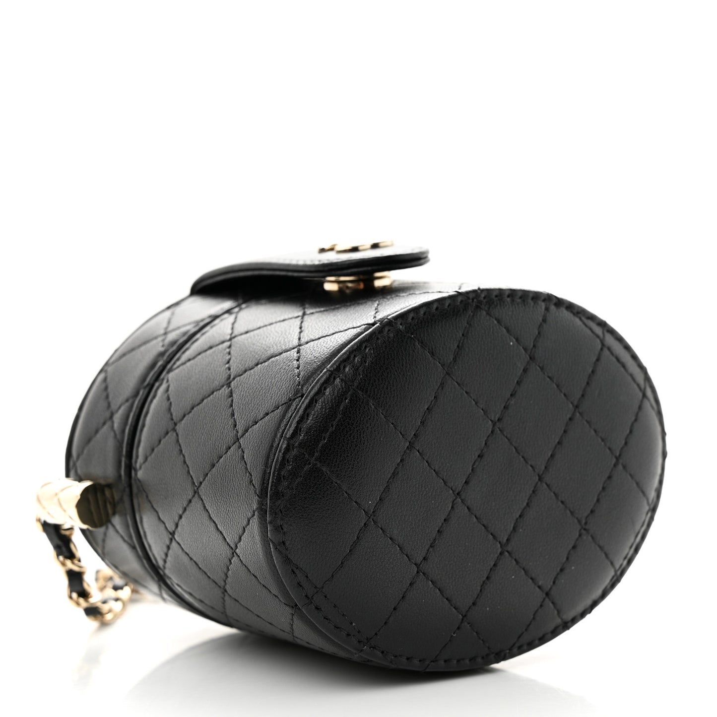Lambskin Quilted Mini Round Vanity Case With Chain Black