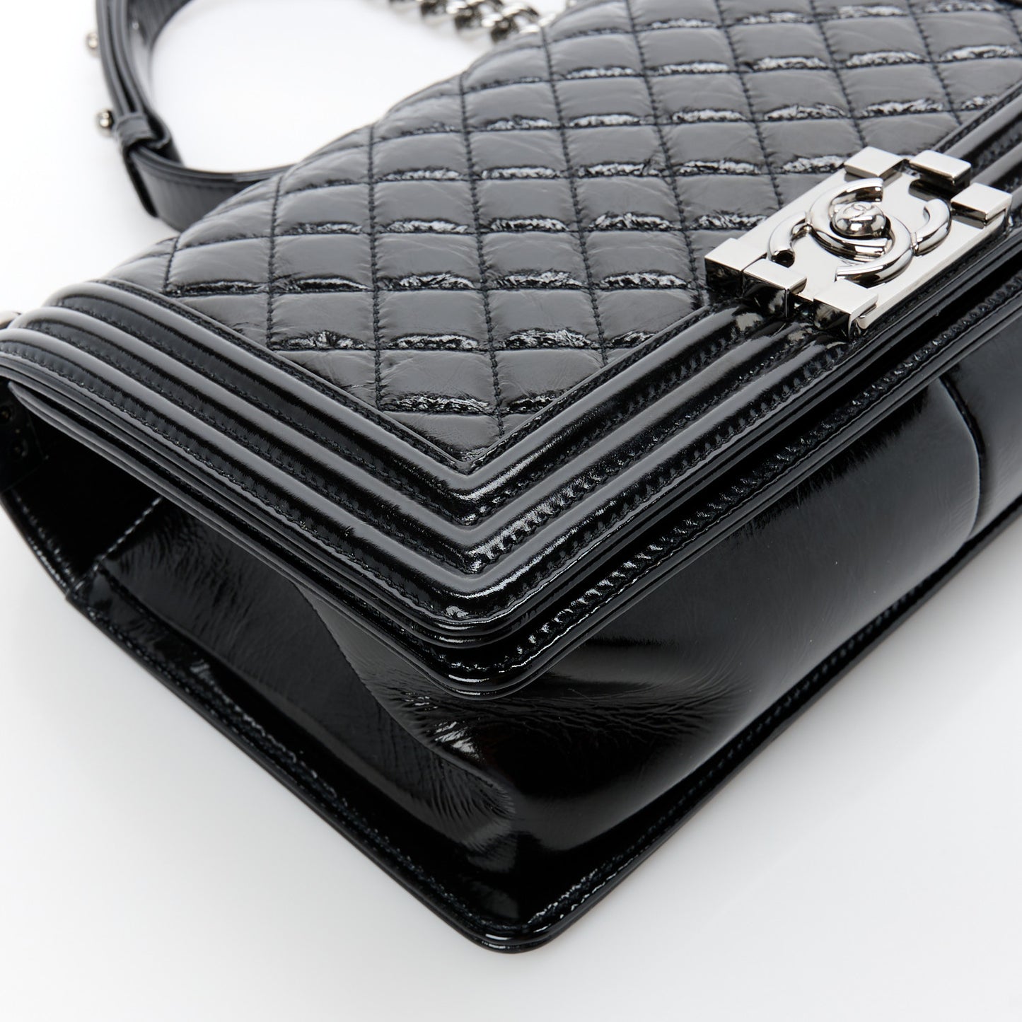 Distressed Patent Quilted Medium Boy Flap Black