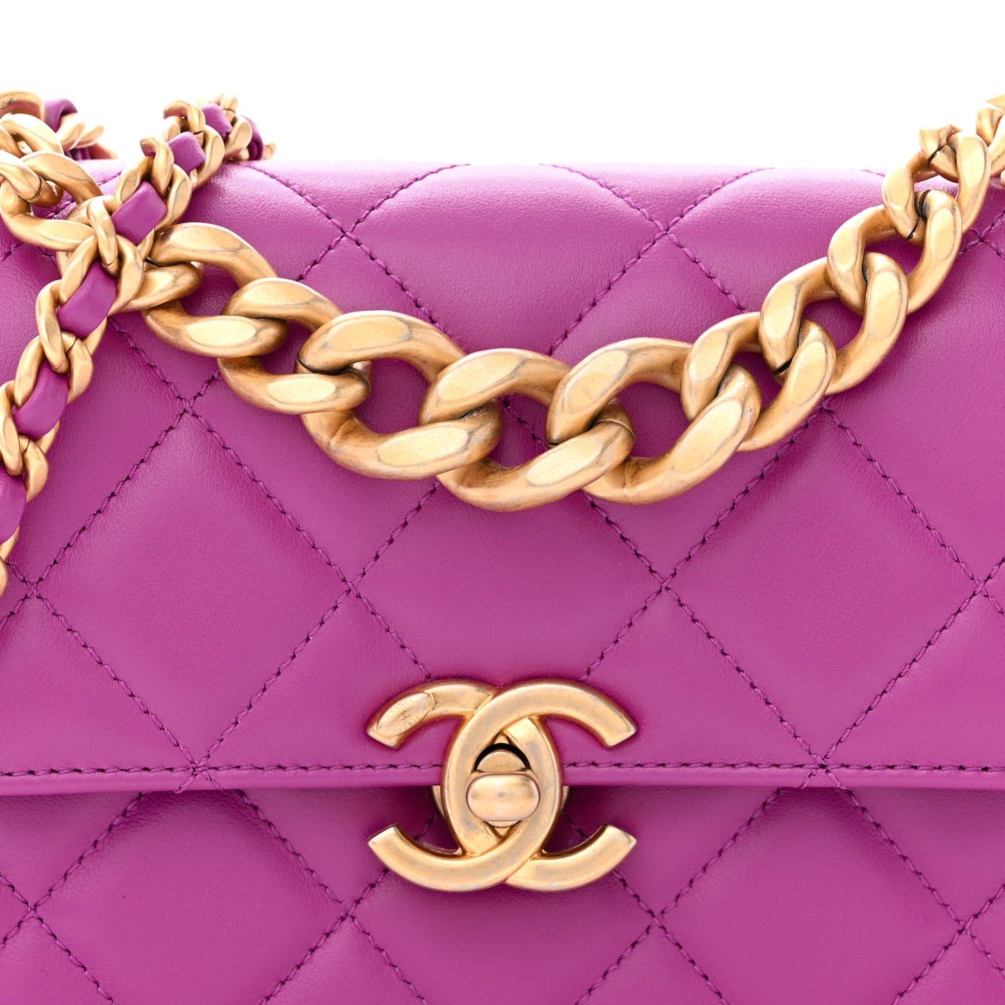 Calfskin Quilted Mini Dual Handle Chain Flap Bag Purple