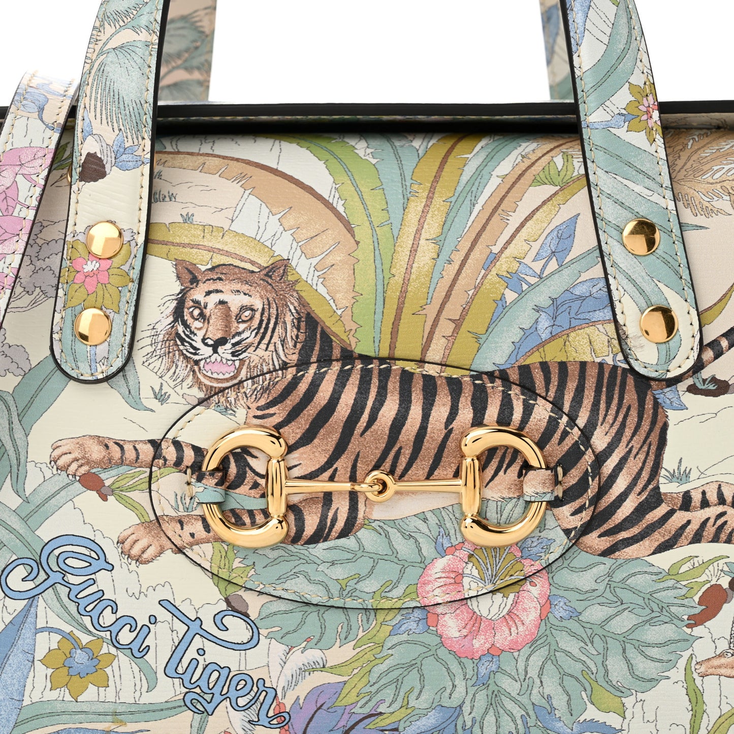 New Shangai Calfskin Tiger Savanah Mini Horsebit 1955 Foldover Top Handle Bag Chalky White Multicolor