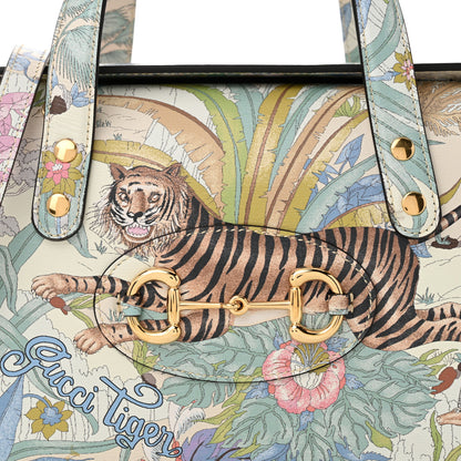 Gucci New Shangai Calfskin Tiger Savanah Mini Horsebit 1955 Foldover Top Handle Bag Chalky White Multicolor 8 of 10