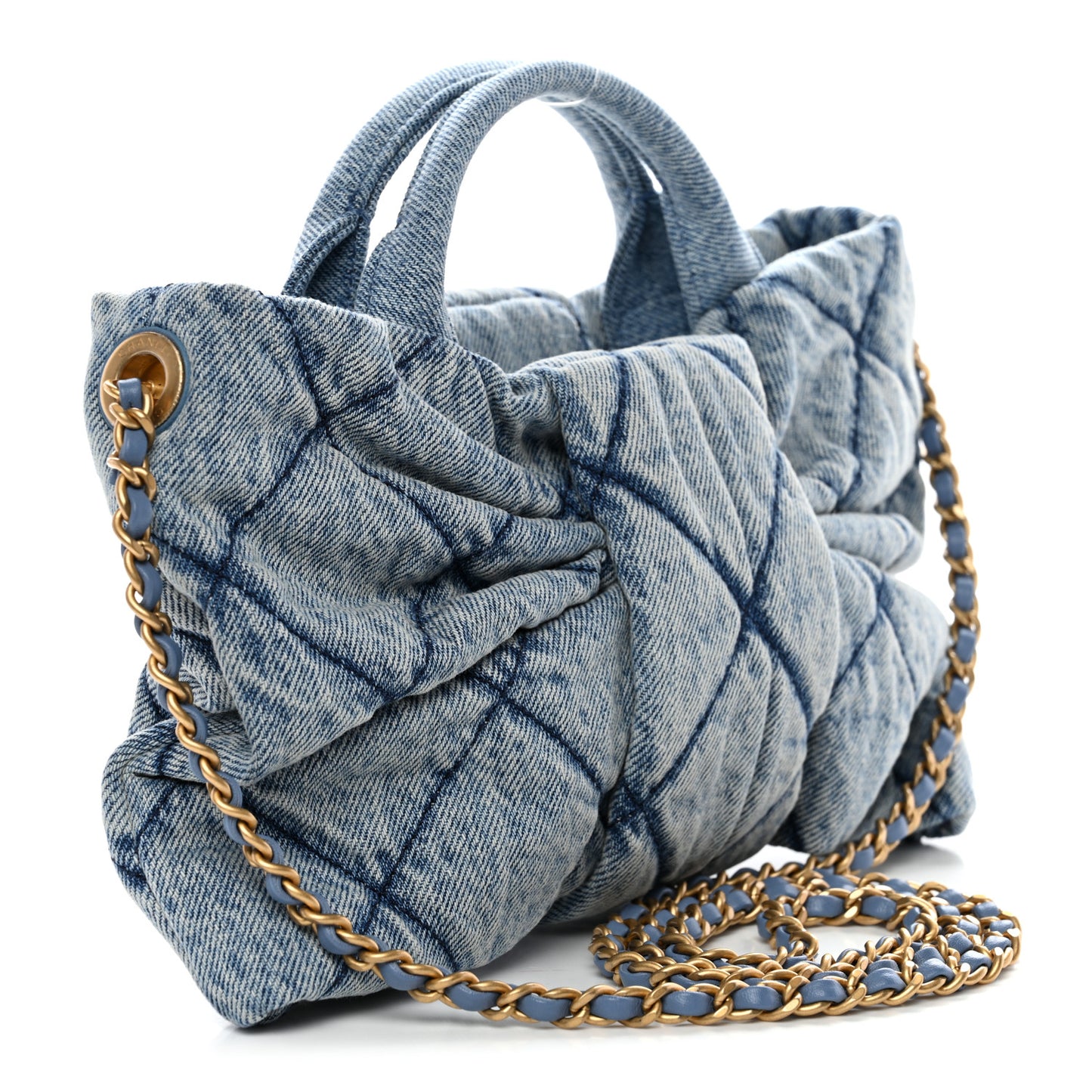 Washed Denim Quilted Mini Bow Bag Blue