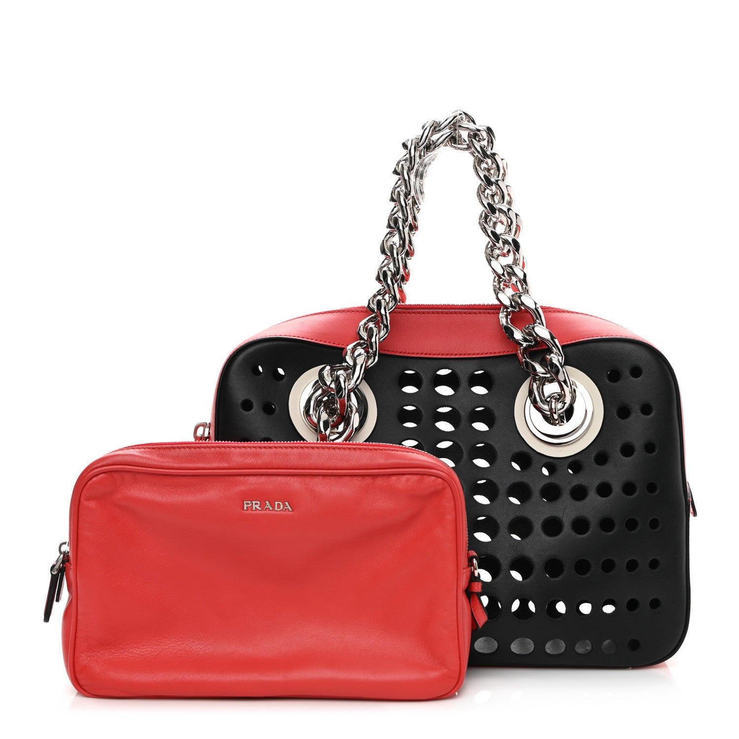 Prada City Calfskin Perforated Chain Shoulder Bag Black Lacca 1 of 13