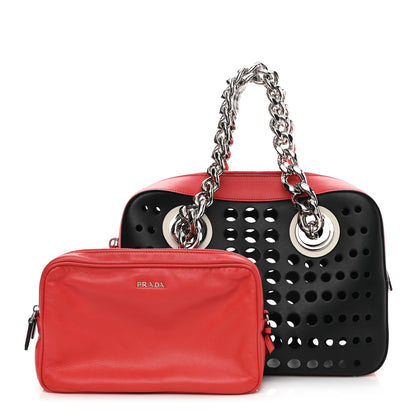 Prada City Calfskin Perforated Chain Shoulder Bag Black Lacca 1 of 13