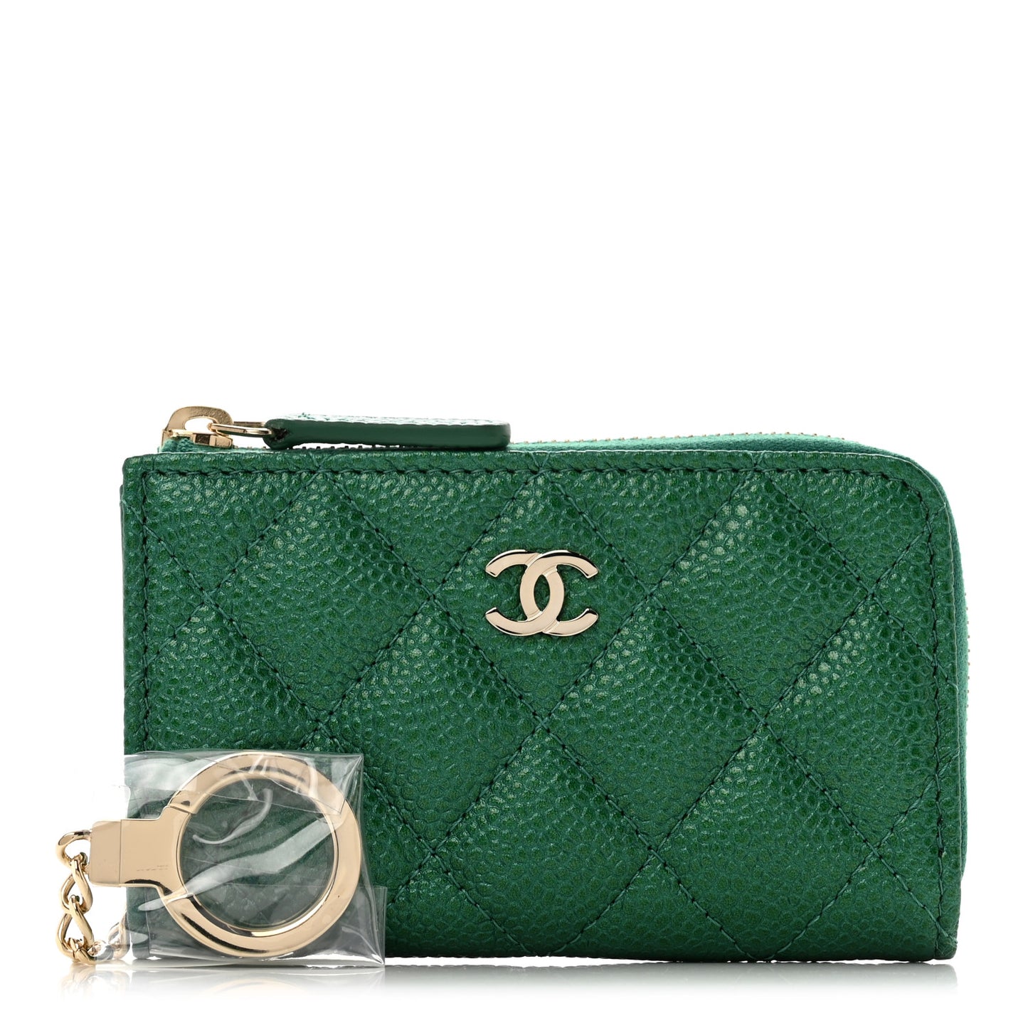 Iridescent Caviar Quilted Zipped Key Holder Case Green