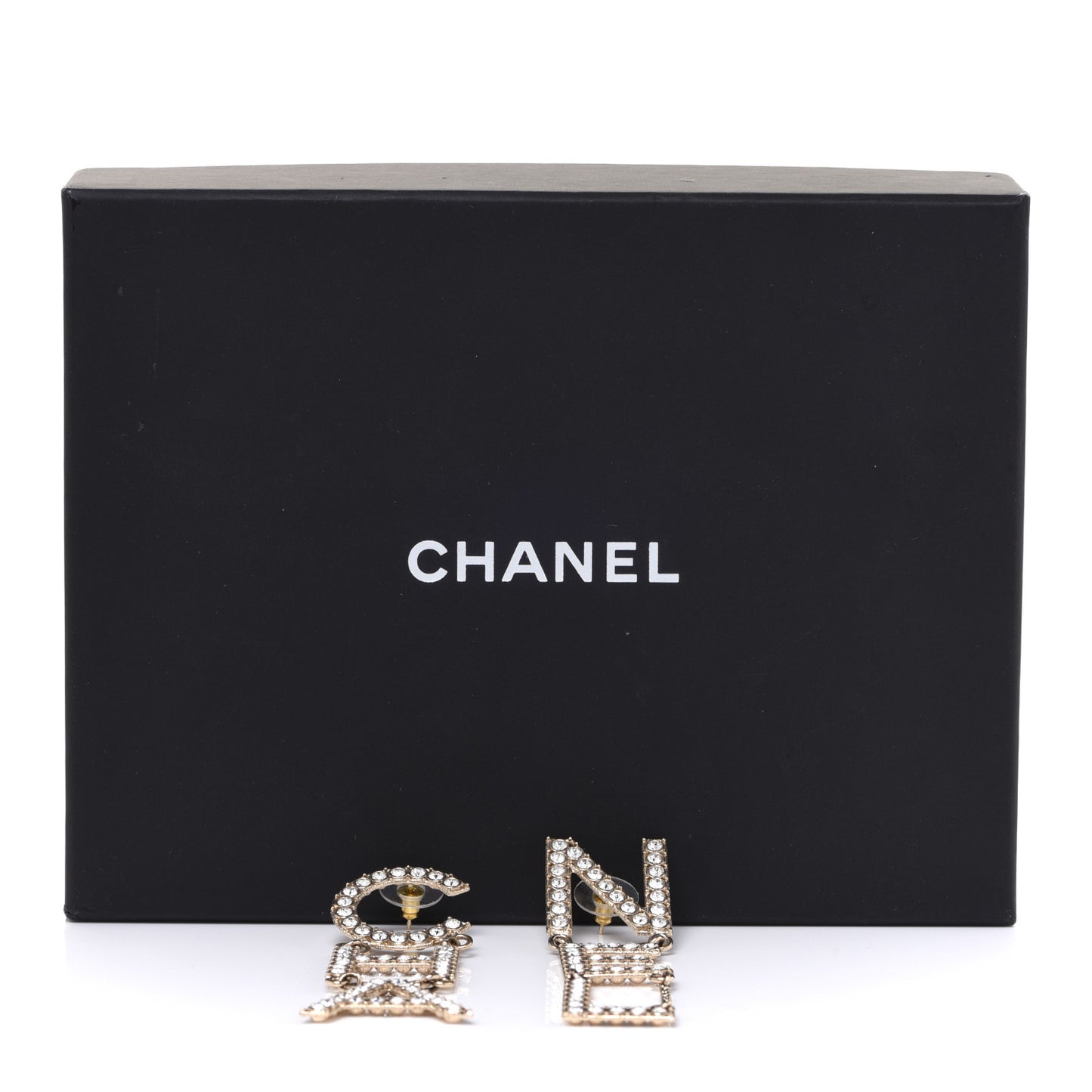 Crystal Cha-Nel Logo Drop Earrings Gold