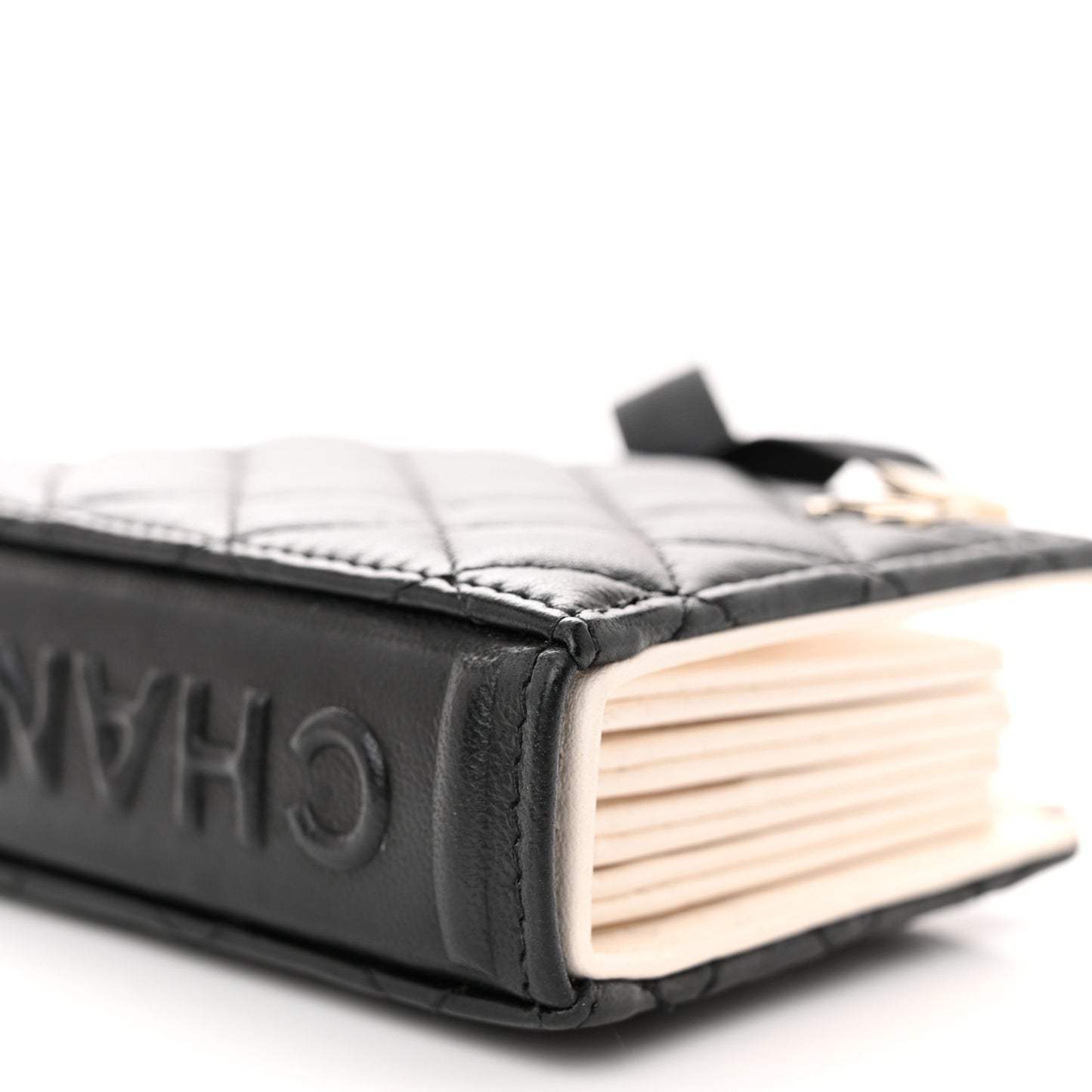 Lambskin Quilted Book Card Holder on Chain Black