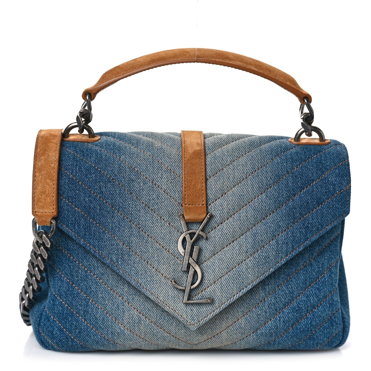 Washed Denim Matelasse Chevron Monogram Medium College Bag Blue Cinnamon