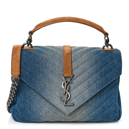 Saint Laurent Washed Denim Matelasse Chevron Monogram Medium College Bag Blue Cinnamon 1 of 10